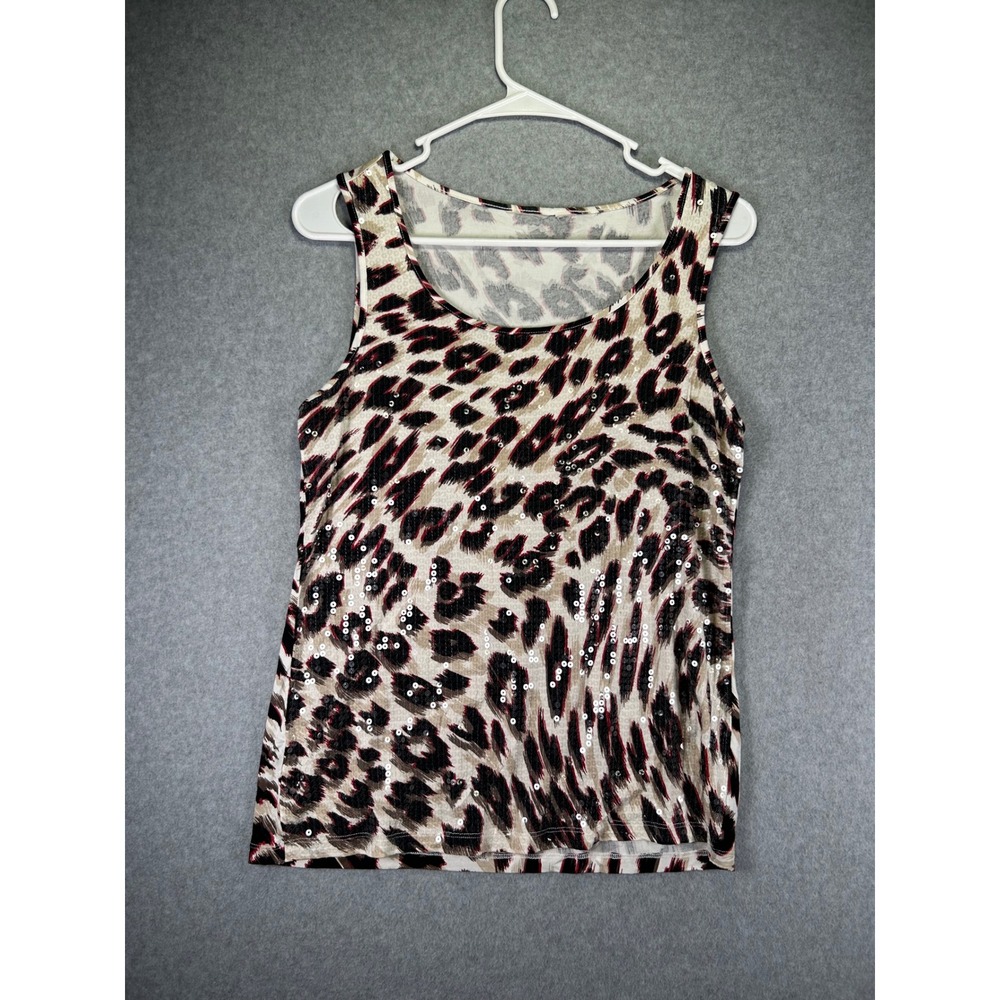 Leopard Print Sequin Tank Top Womens M Cheetah Animal Scoop Neck Blouse